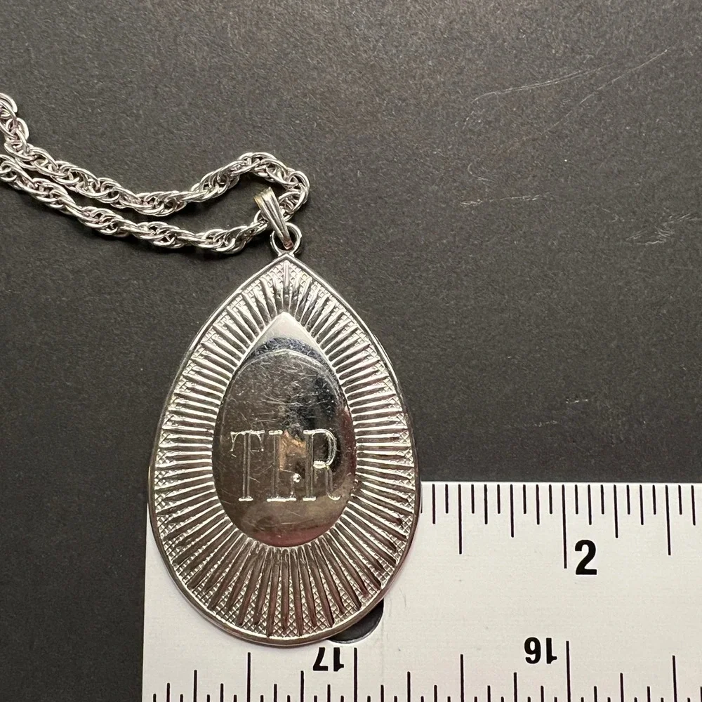 Vintage Coro Pegasus Monogram Pendant Necklace Silver Tone Teardrop Textured TLR